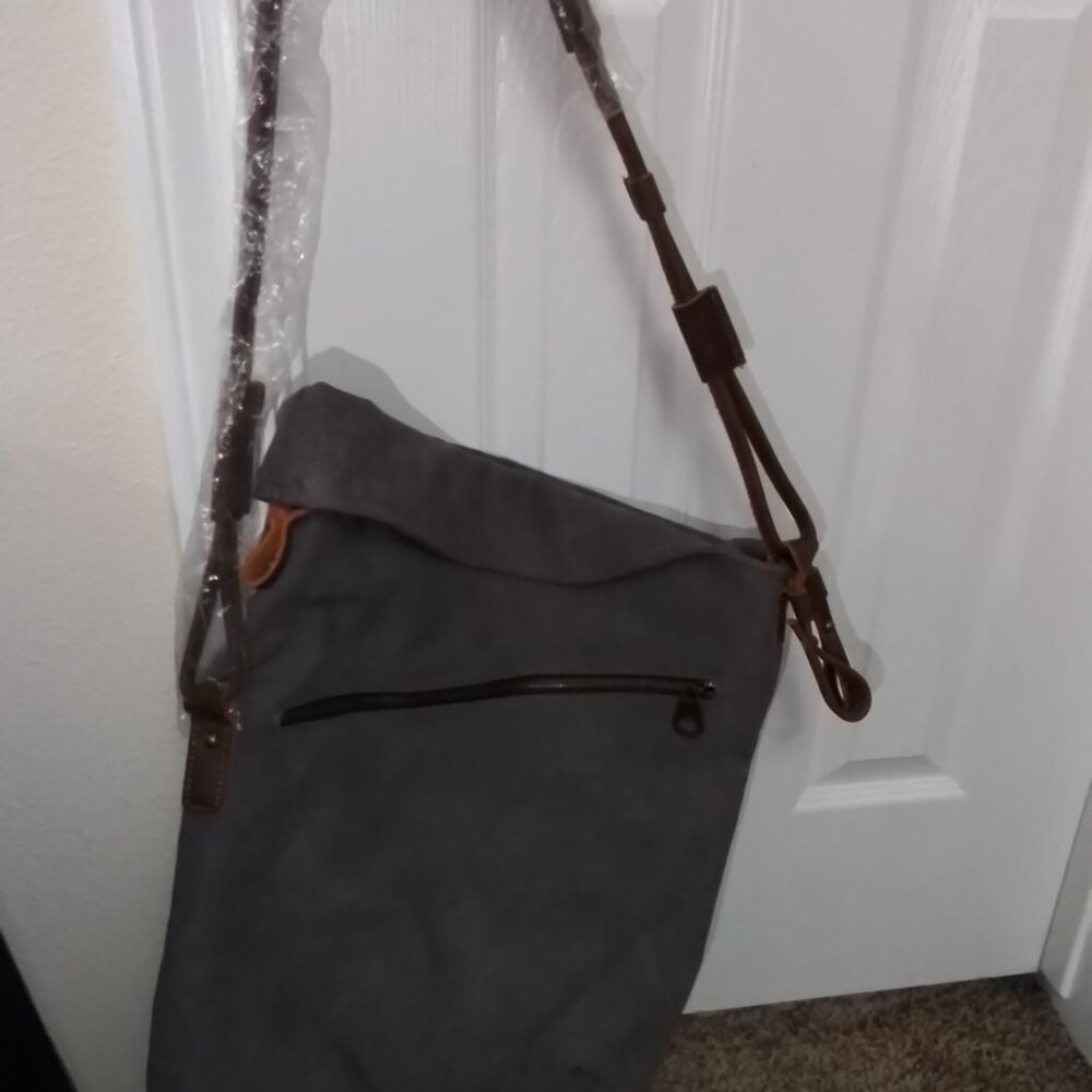 Tom Clovers Messenger CrossBody Canvas Bag Grayish Brown Leather Straps